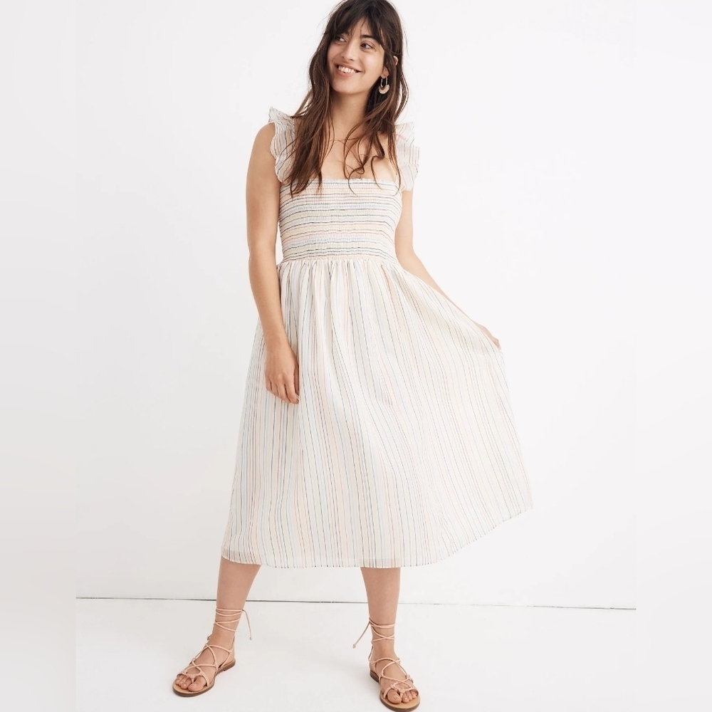 Madewell Ruffle-Strap Smocked Dress in Rainbow Stripe